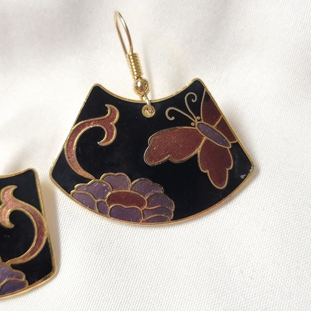 Vintage Samuel Huang Cloisonne Earrings - Floral Butterfly - NWT Gold Filled
